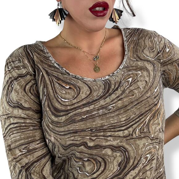 90's tan trippy swirl camo cotton blend scoop neck semi sheer blouse by FRESH - Picture 14 of 16